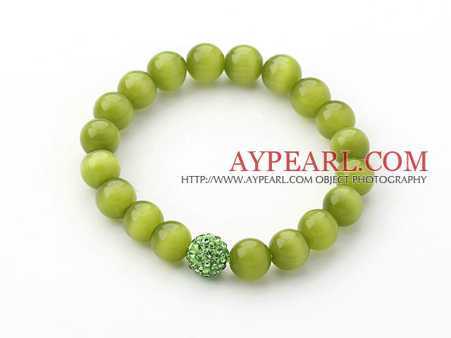 10mm Grass Green Color Cats Eye and Rhinestone Beaded Stretch Bracelet