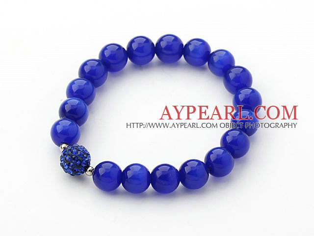 10mm Dark Blue Color Cats Eye and Rhinestone Beaded Stretch Bracelet
