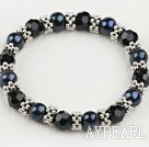 Fashion Black Freshwater Pearl And Faceted Black Crystal Metal Charm Elastic Bracelet
