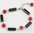 Elegant Round Bloodstone And Black Cylinder Shape Agate Bracelet With Extendable Chain