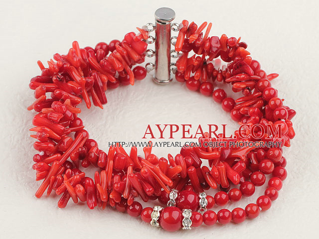 Wonderful Mixed Round And Teeth Shape Red Coral Necklace With Multi-Row Clasp