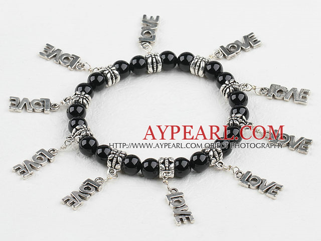 8mm black agate elastic bracelet with lovely charms