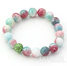 Multi Color 10mm Round Watermelon Chalcedony and Rhinestone Beaded Stretch Bracelet