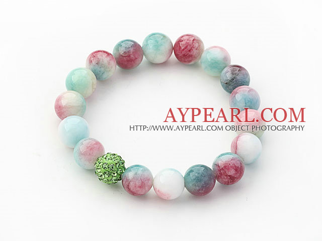 Multi Color 10mm Round Watermelon Chalcedony and Rhinestone Beaded Stretch Bracelet