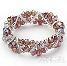 Two Rows Light Purple Jade Crystal Stretch Bangle Bracelet with Rhinestone