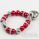 Red acrylic pearl stretch bracelet with heart charms