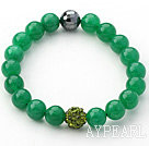 Dark Green Series 10mm Green Jade and Rhinestone Beaded Stretch Bracelet