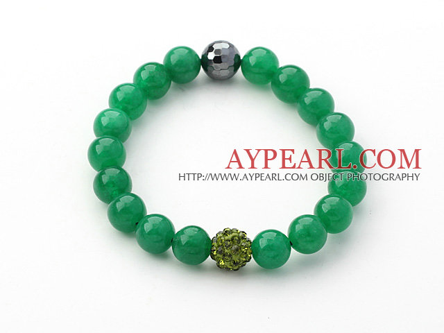 Dark Green Series 10mm Green Jade and Rhinestone Beaded Stretch Bracelet