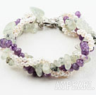 Four Strands White Freshwater and Amethyst and Prehnite Bracelet