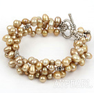 Fashion Multi Strand Golden Brown Renewable Pearl Bracelet With Toggle Clasp