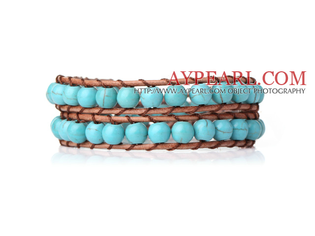 Two Rows Round Turquoise Beads Woven Wrap Bangle Bracelet with Metal Clasp