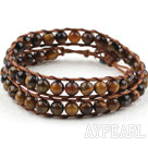 Two Rows Round Tiger Eye Woven Wrap Bangle Bracelet with Metal Clasp