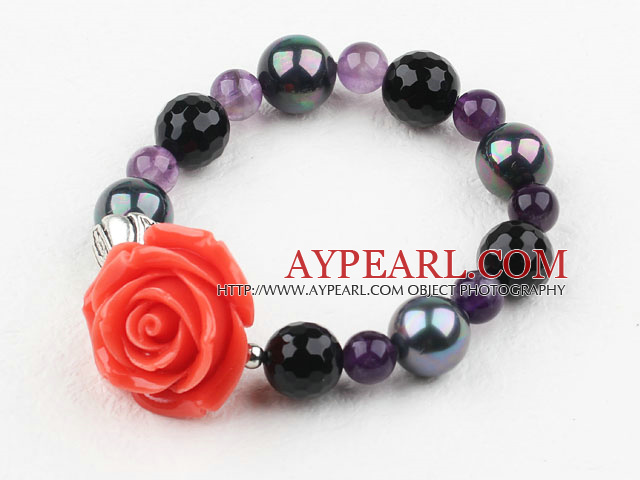 sea shell beads balck agate and amethyst elastic bangle with flower