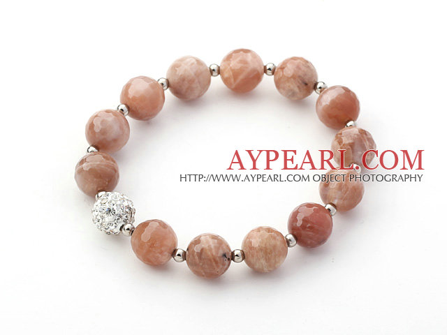Pink Series 10mm Faceted Sun Stone and Metal Beads and Rhinestone Beaded Stretch Bracelet