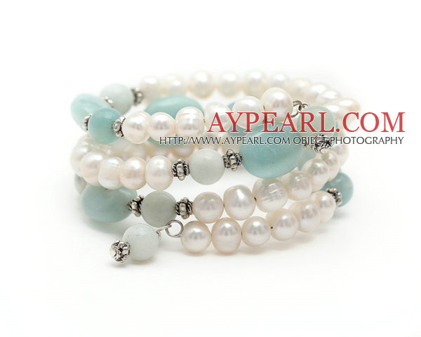 White Freshwater Pearl and Amazon Stone Wrap Bangle Bracelet