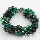Multi Strand Deark Green Pearl Crystal and Ocean Agate Bracelet