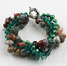 Multi Strand Green Pearl Crystal and Indian Agate Bracelet