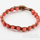 Wholesale Fashion Style 6mm Round Pink Coral Woven Bracelet with Shell Clasp
