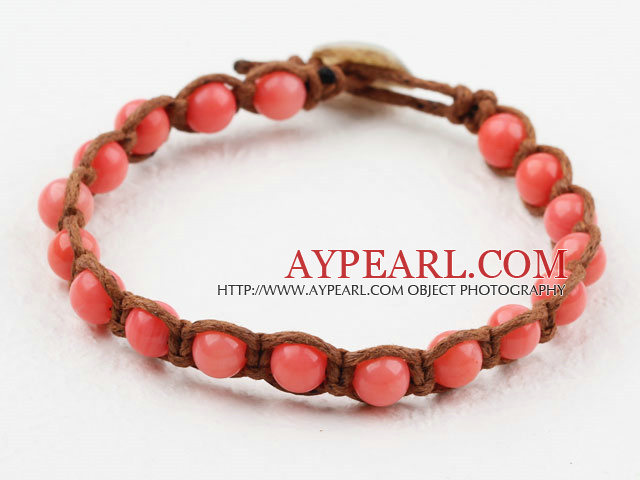 Fashion Style 6mm Round Pink Coral Woven Bracelet with Shell Clasp