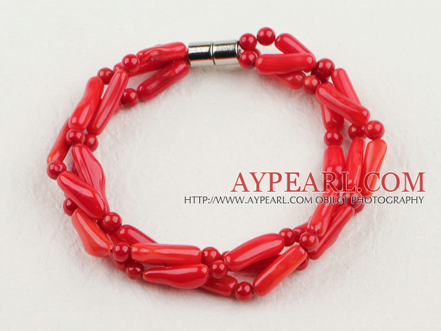3 strand red coral bracelet with magnetic clasp