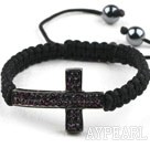Sideway/Side Way Two Row Cross with Purple Red Rhinestone Woven Adjustable Drawstring Bracelet with Hematite Beads
