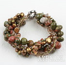 Wholesale Multi Strand Green Piebald Stone and Pearl Crystal Bracelet