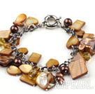 Brown Series Brown Pearl Crystal and Brown Shell Bracelet with Metal Chain