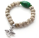 Wholesale Vintage Style Single Strand Leaves the Bodhi Beads Green Jade Elastic Bracelet with Cross Amulet Charm