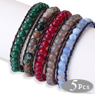 Newly Fashion Design 5 pcs Single Strand Round Agate Beaded Leather Bracelets