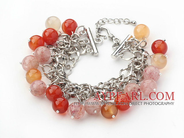 Pink and Orange Color 10mm Round Strawberry Quartz and Agate Bracelet with Metal Chain