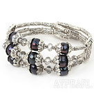 Fashion 8-9Mm Multi Strand Black Freshwater Pearl And Clear Crystal Elastic Metal Bangle Bracelet