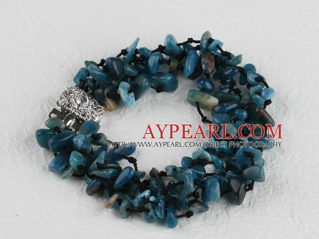 Fashion Multi Strand Hand-Threaded Dark Blue Gemstone Chips Bracelet With Multi-Row Clasp