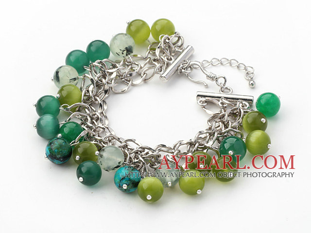 Green Series Green Cats Eye and Green Rutilated Quartz Bracelet with Metal Chain