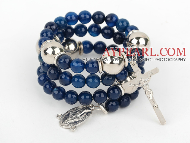 20.5 inches 8mm faceted blue agate bangle bracelet with cross charm