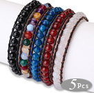 Newly Fashion Design 5 pcs Single Strand Agate Beaded Leather Bracelets