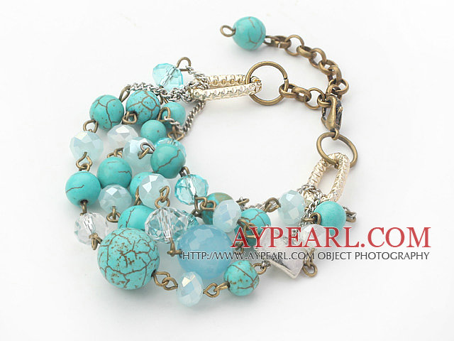 Green Series Turquoise and Kyanite and Clear Crystal Bracelet with Bronze Chain