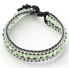 Light Green Crystal and Silver Color Beads Woven Bracelet with Black Leather Cord