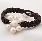 Delicate Popular Natural White Freshwater Pearl Hand-knitted Leather Bracelet