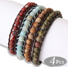 Fashion Style 4pcs Single Strand Natural Gemstsone Beaded Leather Bracelet