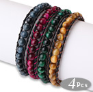 Amazing 4 pcs Single Strand A Grade Natural Round Tiger's Eye Beaded Leather Bracelet