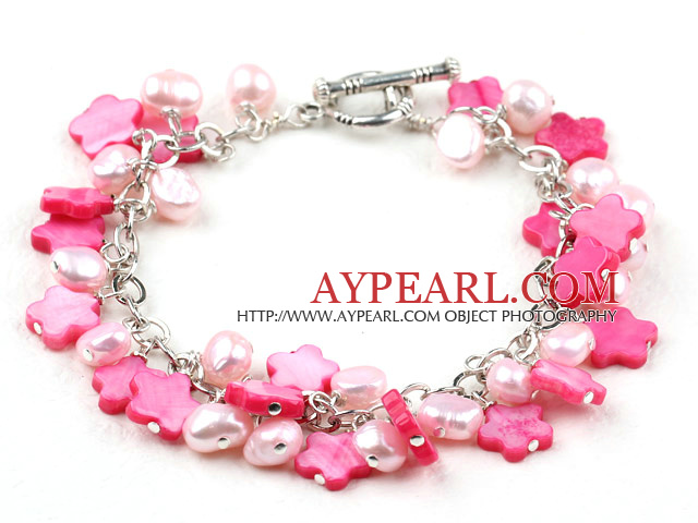 Hot Pink Series Pink Pearl and Shell Flower Bracelet with Metal Chain