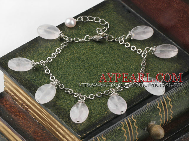 Fashion Oval Shape Rose Quartz Link Charm Bracelet With Pearl Pendant Extendable Chain
