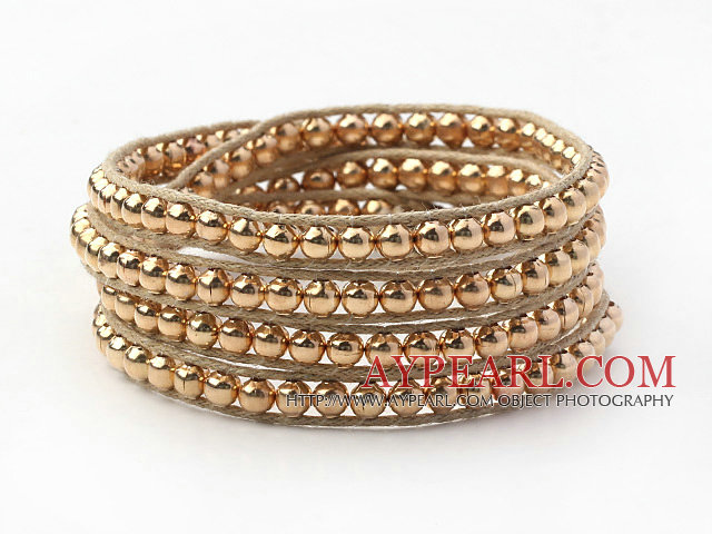 Fashion Style Golden Color Round Copper Beads Woven Wrap Bangle Bracelet with Gray Wax Thread