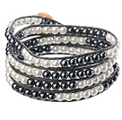 Fashion Style Round Black Sea Shell Beads Woven Wrap Bangle Bracelet with Black Wax Thread