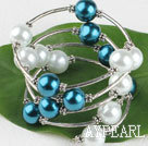 7.5 inches white and blue 12mm shell beads bangle bracelet 