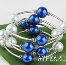 7.5 inches white and blue 12mm shell beads bangle bracelet 