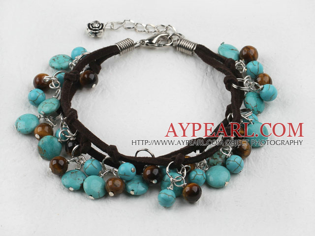 Nice Tiger Eye And Blue Turquoise Loop Charm Leather Bracelet With Extendable Chain 