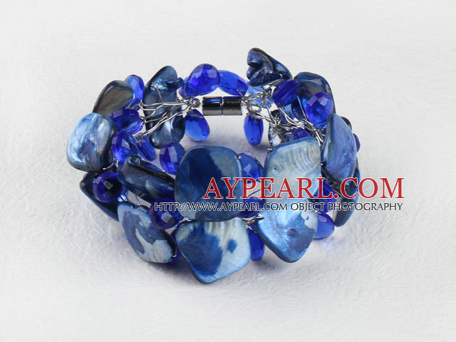 Dark Blue Crystal and Shell Wire Wrapped Bracelet with Magnetic Clasp