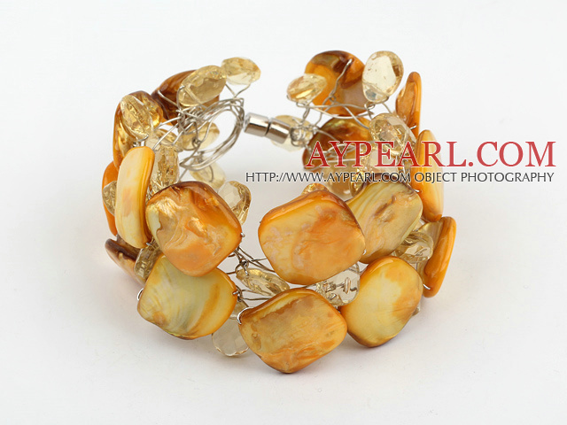 Yellow Crystal and Shell Wire Wrapped Bracelet with Magnetic Clasp