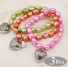 3 pcs Beautiful Dyed Multi Color Baroque Freshwater Pearl Bracelet with Heart Accessory